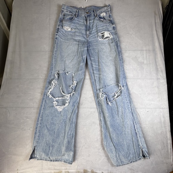 American Eagle Outfitters Denim - American Eagle Womens Wide-Leg Jeans Light Blue Denim High-Rise Baggy Ripped 2